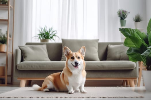 A Corgi sitting on grey Sofa Bed pet mat in living room Generative AI.