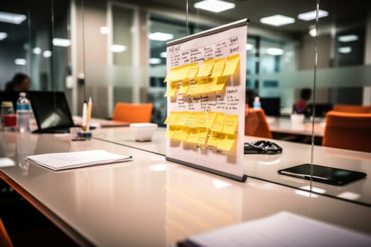 Blurred background of a whiteboard with project plans and timelines in office.