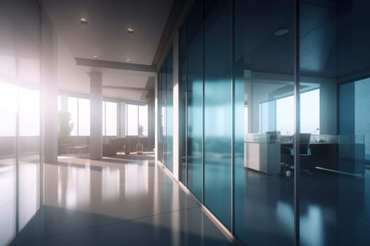 Beautiful blurred background of a light modern office interior with panoramic windows.