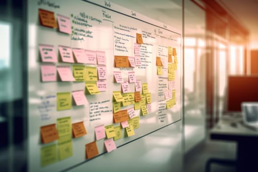 Blurred background of a whiteboard with project plans and timelines in office.