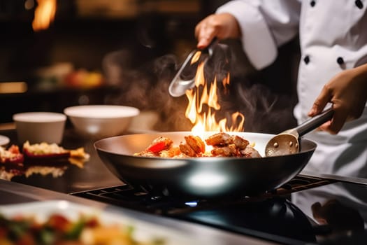 Close up of a professional chef preparing a delicious gourmet dish in a modern kitchen.