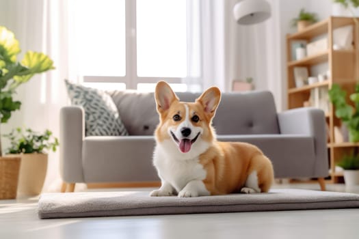 A Corgi sitting on grey Sofa Bed pet mat in living room Generative AI.