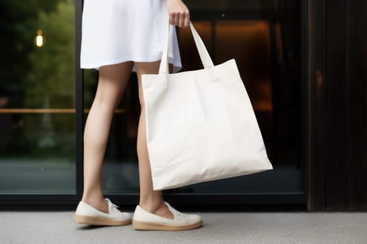 Model hold blank white fabric mockup bag for save environment on street fashion.