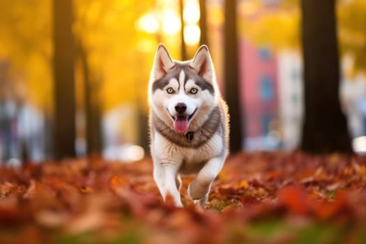 Unrecognizable a Dog run fast in city park autumn.