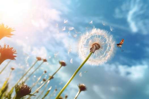 Dandelion in the wind on blue sky.