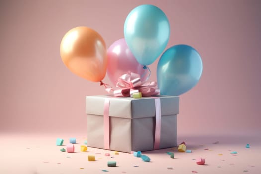 Gift box colorful balloons and ribbon floating pastel background illustration Generative AI.