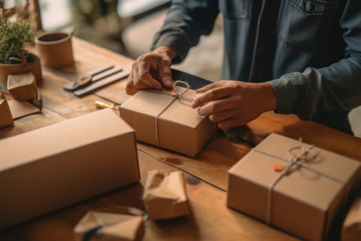 Online shopping young start small business in a cardboard box at work Generative AI.