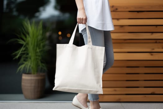 Model hold blank white fabric mockup bag for save environment on street fashion.