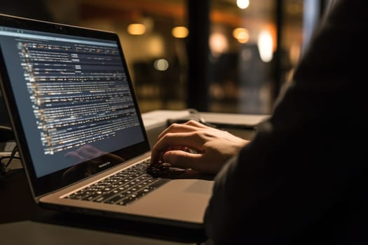 Close up of Computer programmer working on laptop.