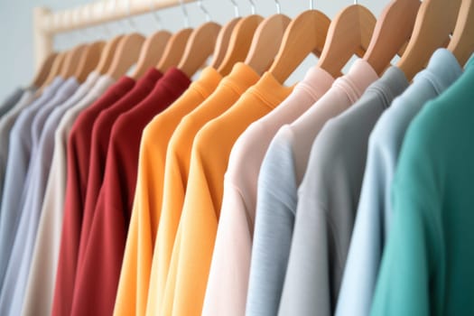 Close up a collection of t-shirts hanging on a clothes hanger.