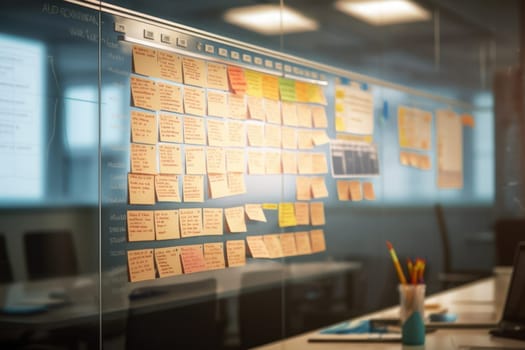 Blurred background of a whiteboard with project plans and timelines in office.
