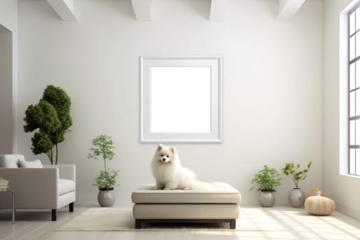 Picture a bright and airy living room with a white frame mockup with Pomeranian dog Generative AI.