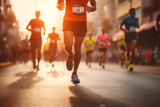 Marathon running in the light of morning or evening on city road detail Generative AI.