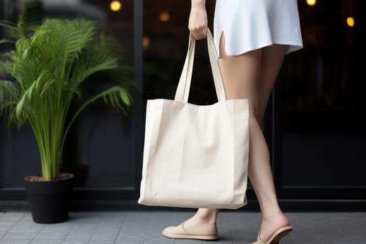Model hold blank white fabric mockup bag for save environment on street fashion.