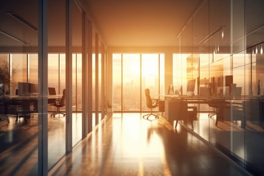 Beautiful blurred background of a light modern office interior with panoramic windows.