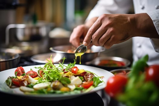 Close up of a professional chef preparing a delicious gourmet dish in a modern kitchen.
