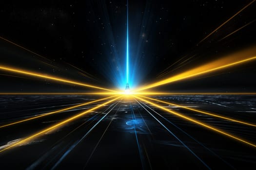 Black background with yellow and blue neon laser lines, futuristic style, with soft sunlight render. generative ai.