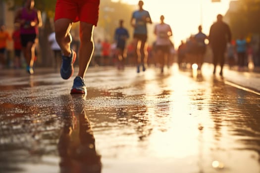 Marathon running in the light of morning or evening on city road detail Generative AI.