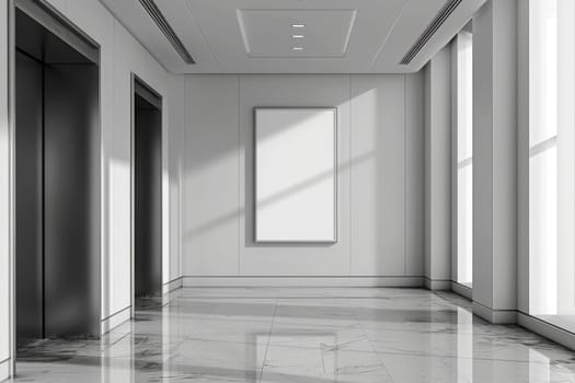 A modern elevator with Blank white billboard. Office or modern hotel hallway, empty lobby interior. Generative AI.