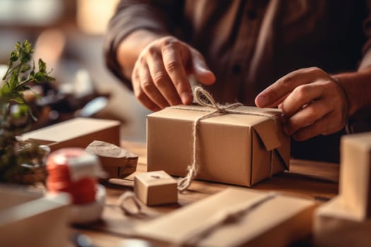 Online shopping young start small business in a cardboard box at work Generative AI.
