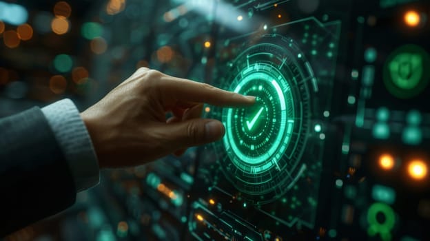 businessman touch on infographic to green check mark sign. vote and approved concept. generative AI.