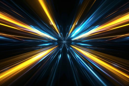 Black background with yellow and blue neon laser lines, futuristic style, with soft sunlight render. generative ai.