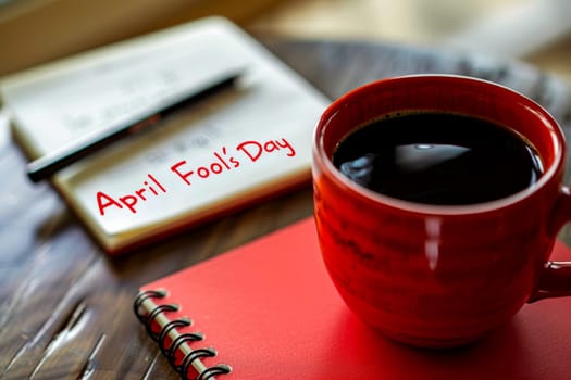 April fool's day with coffee red mug background .Ai generative.