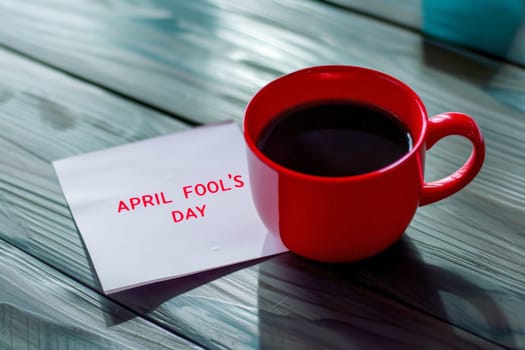 April fool's day with coffee red mug background .Ai generative.