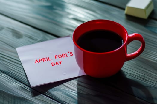 April fool's day with coffee red mug background .Ai generative.
