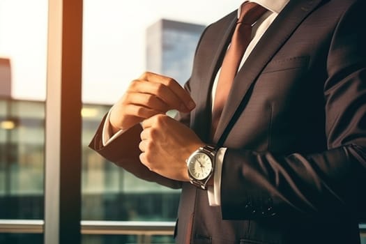 Businessman checking time from watch.