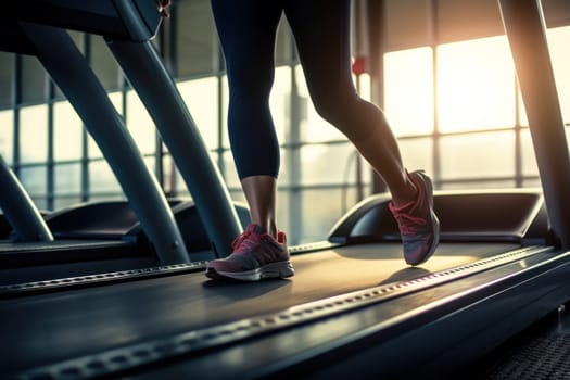 Close up of woman in sports clothing running on treadmill in gym.
