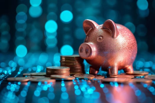 piggy bank money coins saving in futuristic background , financial investment and budget concept, . generative ai.