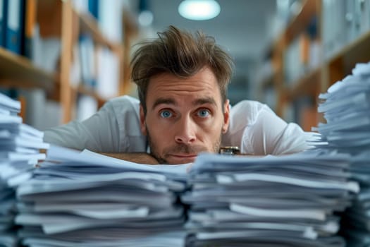 businessman employee unhappy with excessive work with a pile of documents. AI Generative.