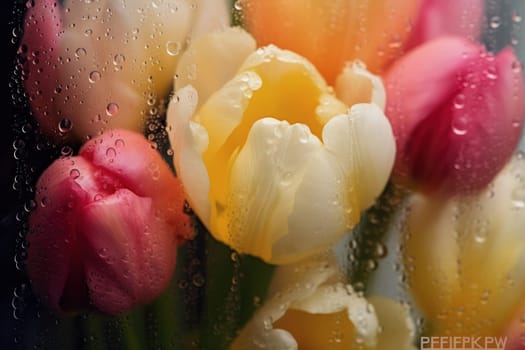 Background of blooming flowers in front of glass with water drops Stock Photo.