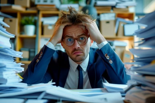 businessman employee unhappy with excessive work with a pile of documents. AI Generative.