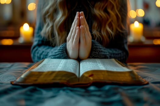 hands are folded in prayer on a Holy Bible .Holy Bible study reading together in Sunday . Generative AI.