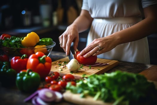 Woman is cooking in home kitchen Close up hands.