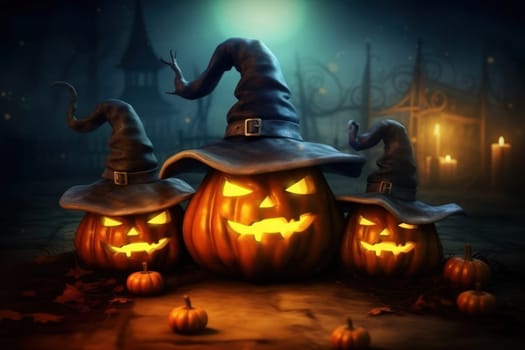 Pumpkins with witch hats on halloween background Generative AI.