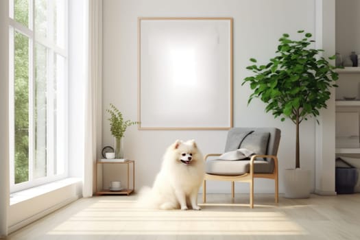 Picture a bright and airy living room with a white frame mockup with Pomeranian dog Generative AI.