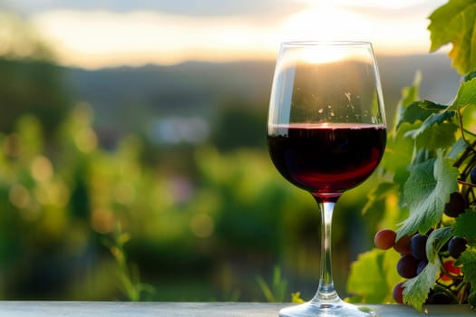 red Wine glasses, vineyard landscape and grapes in nature. Generative ai.