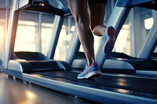 Close up of woman in sports clothing running on treadmill in gym.