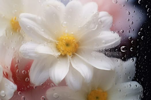 Background of blooming flowers in front of glass with water drops Stock Photo.