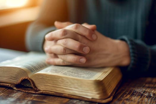 hands are folded in prayer on a Holy Bible .Holy Bible study reading together in Sunday . Generative AI.