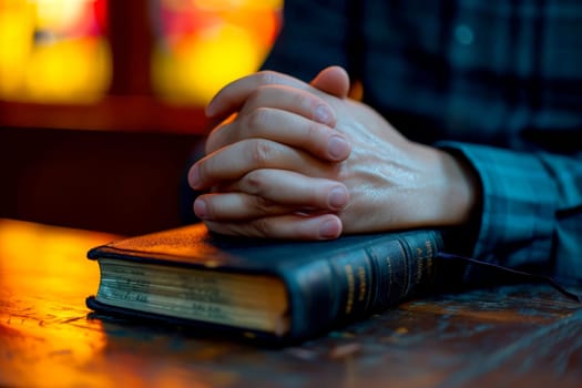 hands are folded in prayer on a Holy Bible .Holy Bible study reading together in Sunday . Generative AI.
