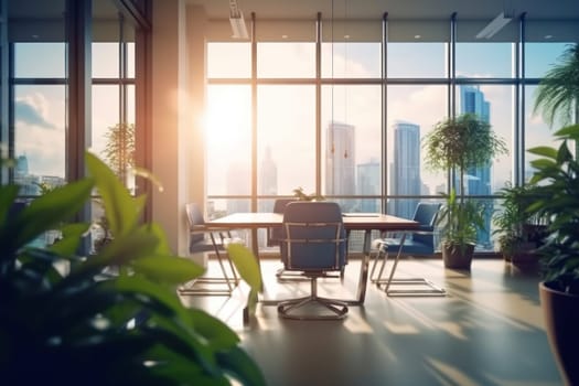 Beautiful blurred background of a light modern office interior with panoramic windows.
