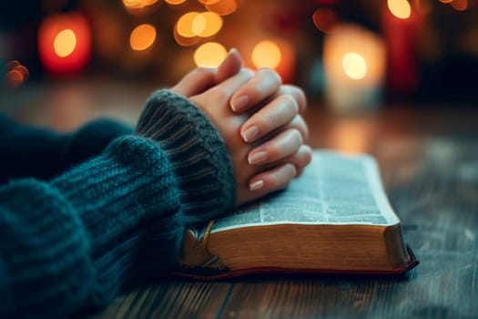 hands are folded in prayer on a Holy Bible .Holy Bible study reading together in Sunday . Generative AI.