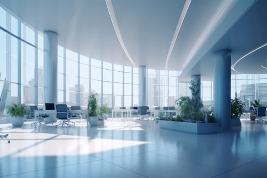 Beautiful blurred background of a light modern office interior with panoramic windows.