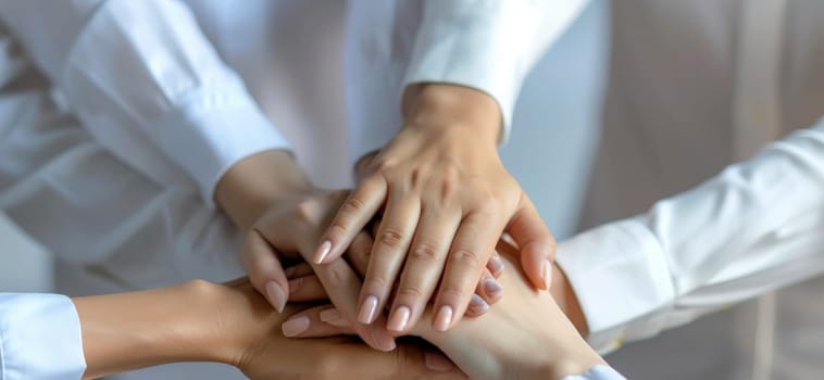 Success of team concept, Top view hands of Business teamwork join hands together in office. Generative AI.