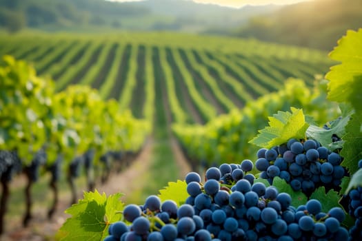 a bunch of grapes hanging from a vine in a vineyard. generative ai.