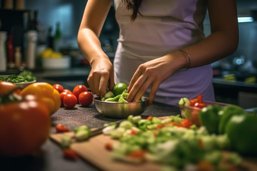Woman is cooking in home kitchen Close up hands.